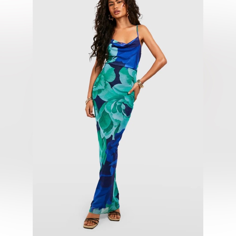 Boohoo Blue and Green Floral Maxi Dress